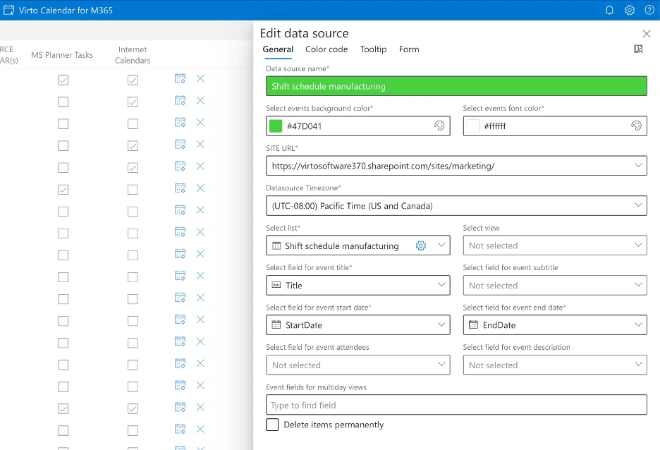 Virto Calendar field mapping configuration screen