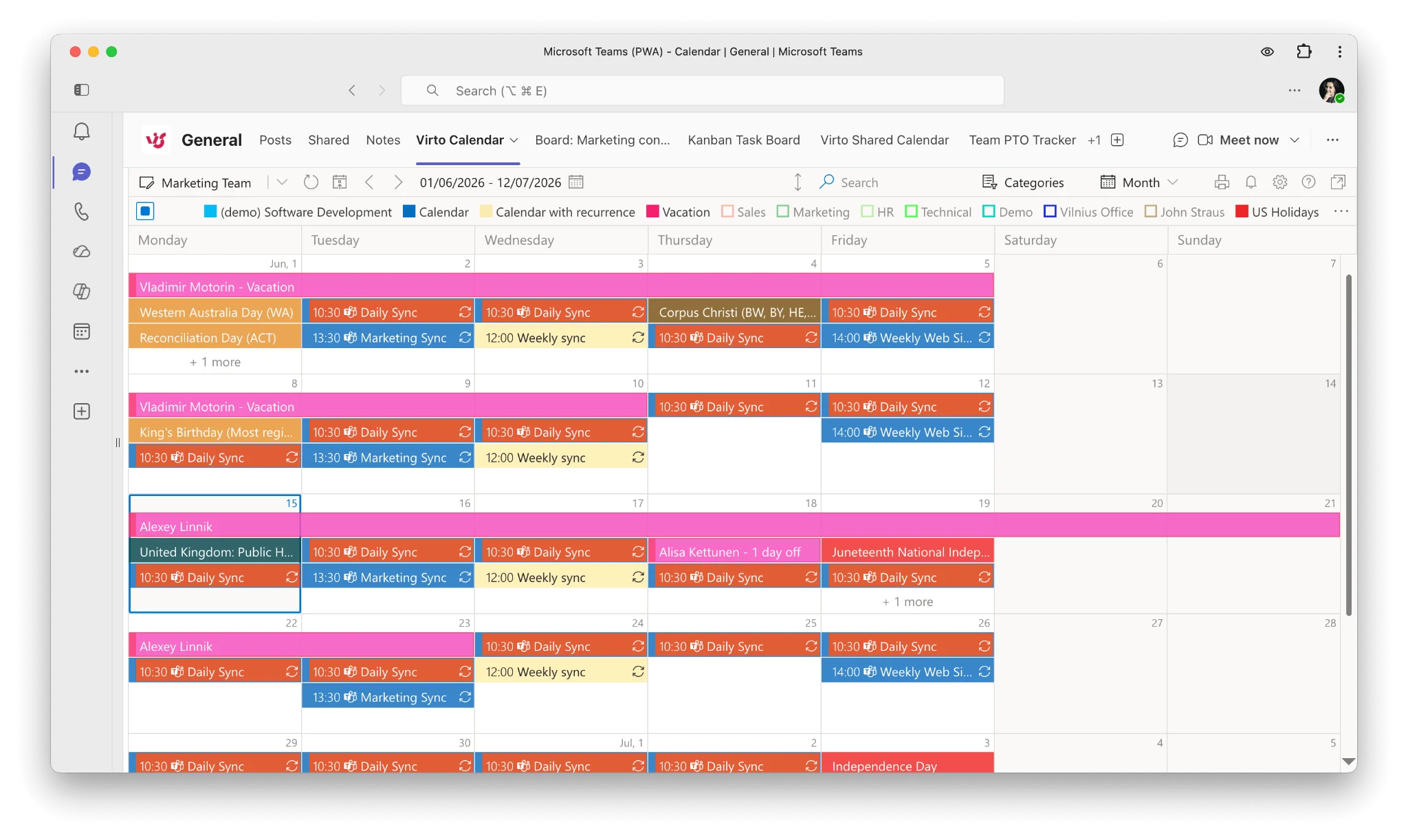 Virto Calendar color-coded monthly view in Microsoft Teams