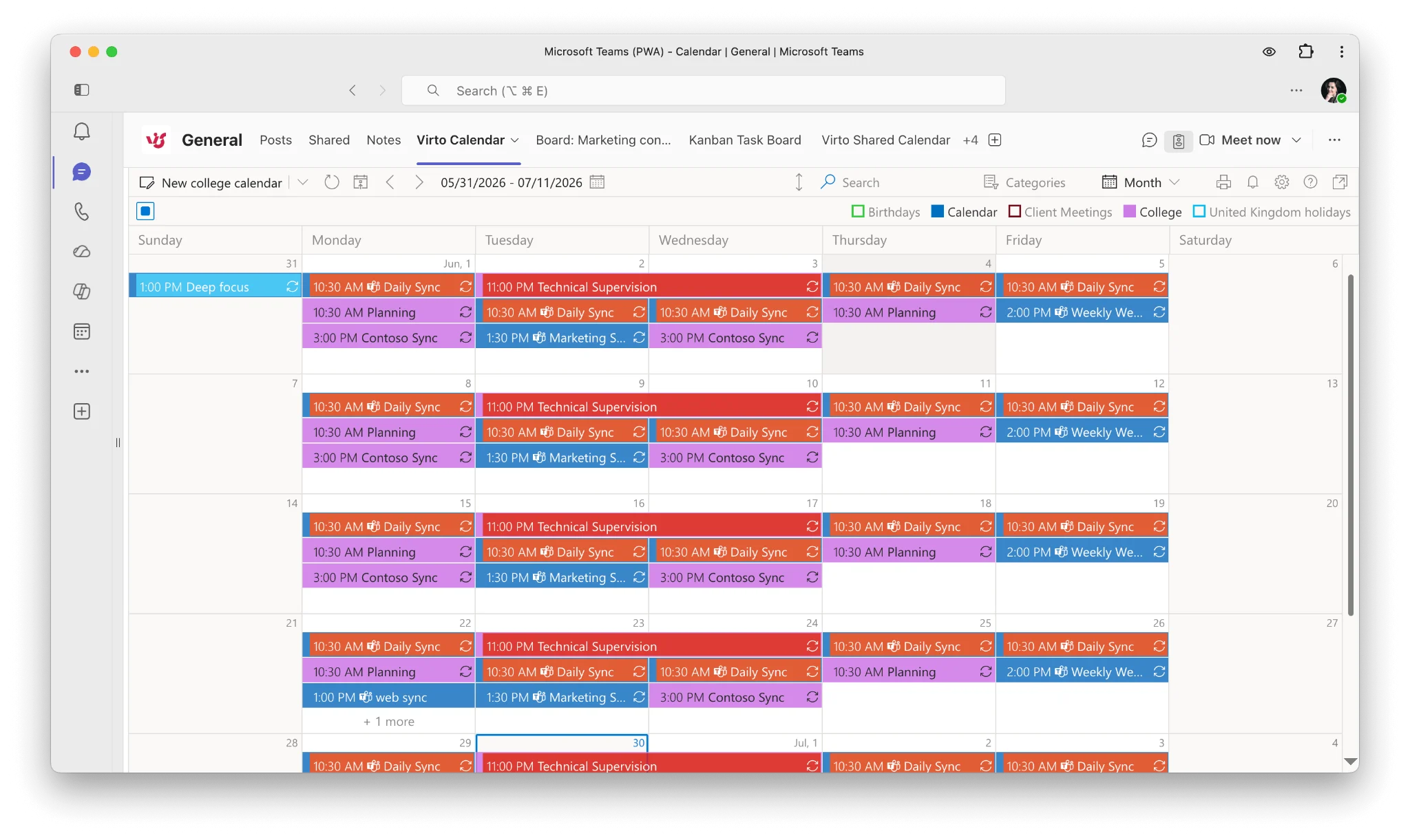 Virto Calendar overlay shown inside a Microsoft Teams channel tab