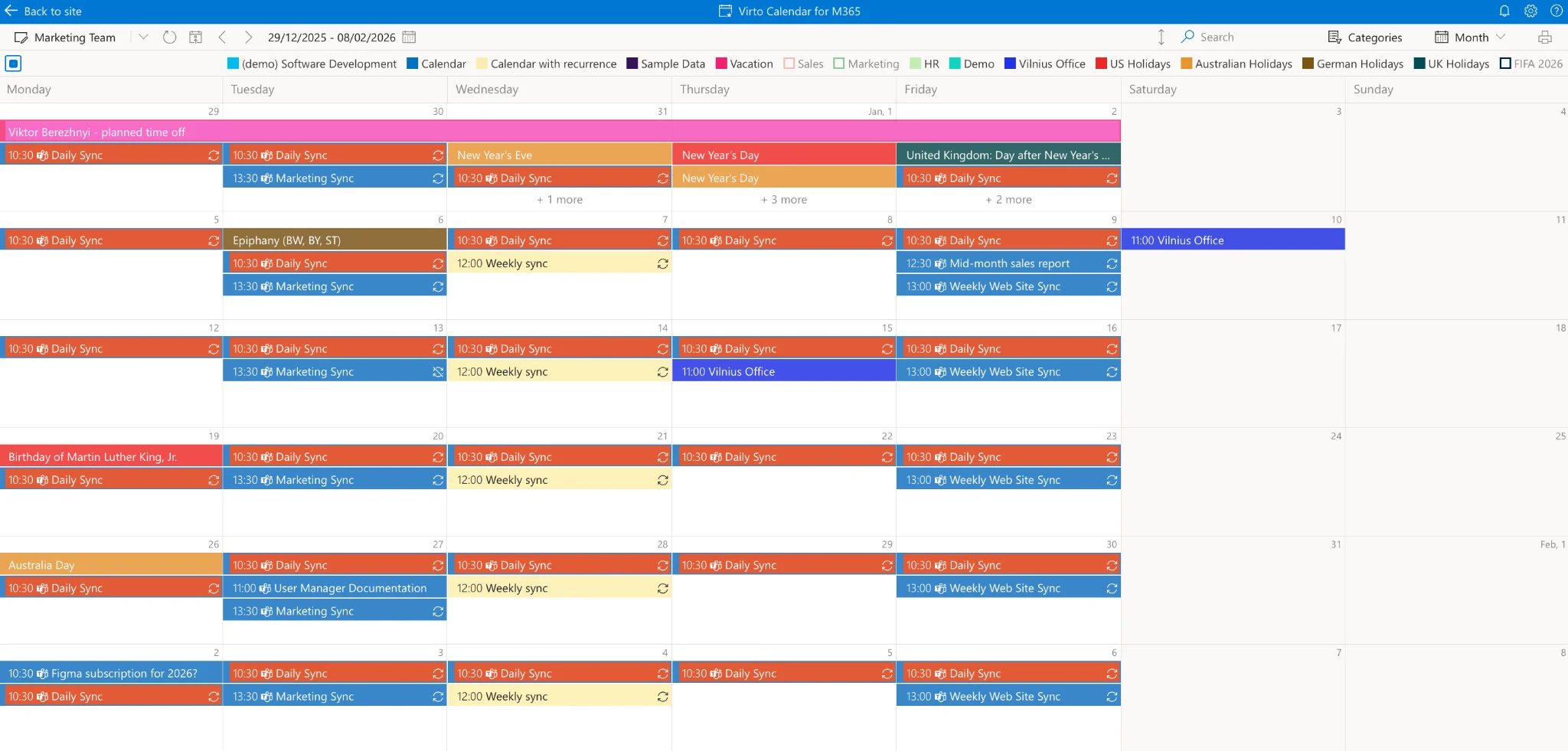Virto Calendar unified color-coded overlay monthly view