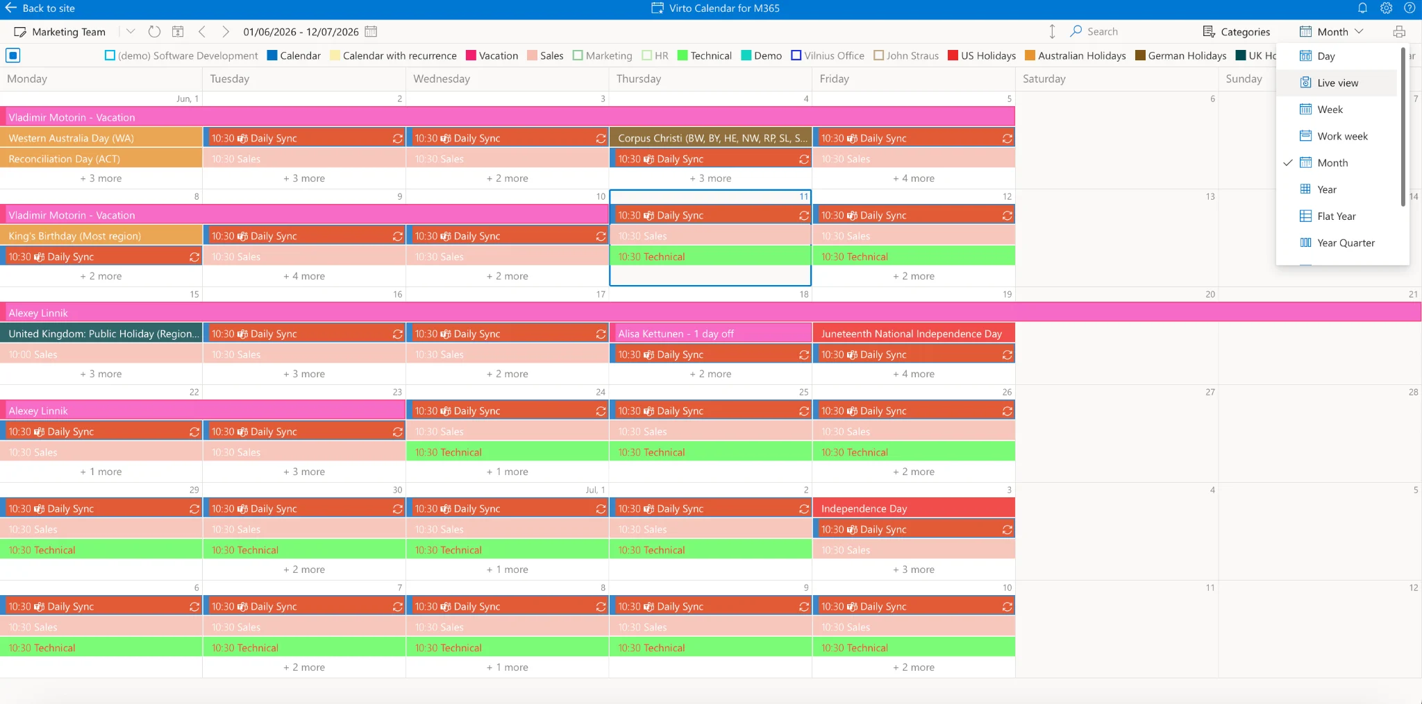 Virto calendar overlay view in Microsoft 365