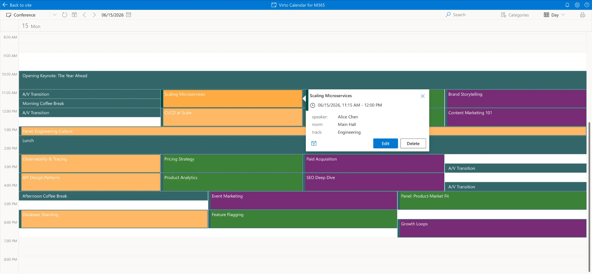 Virto Calendar App with color-coded conference agenda