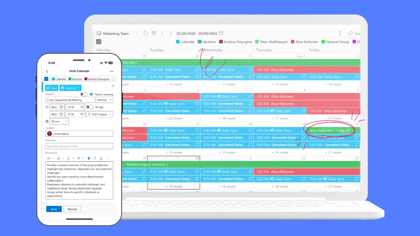 Virto Calendar multiple shared calendars overlaid in unified view