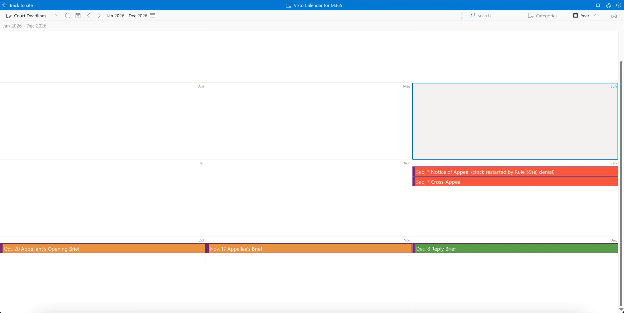 Virto Calendar App color-coded court deadlines rendered