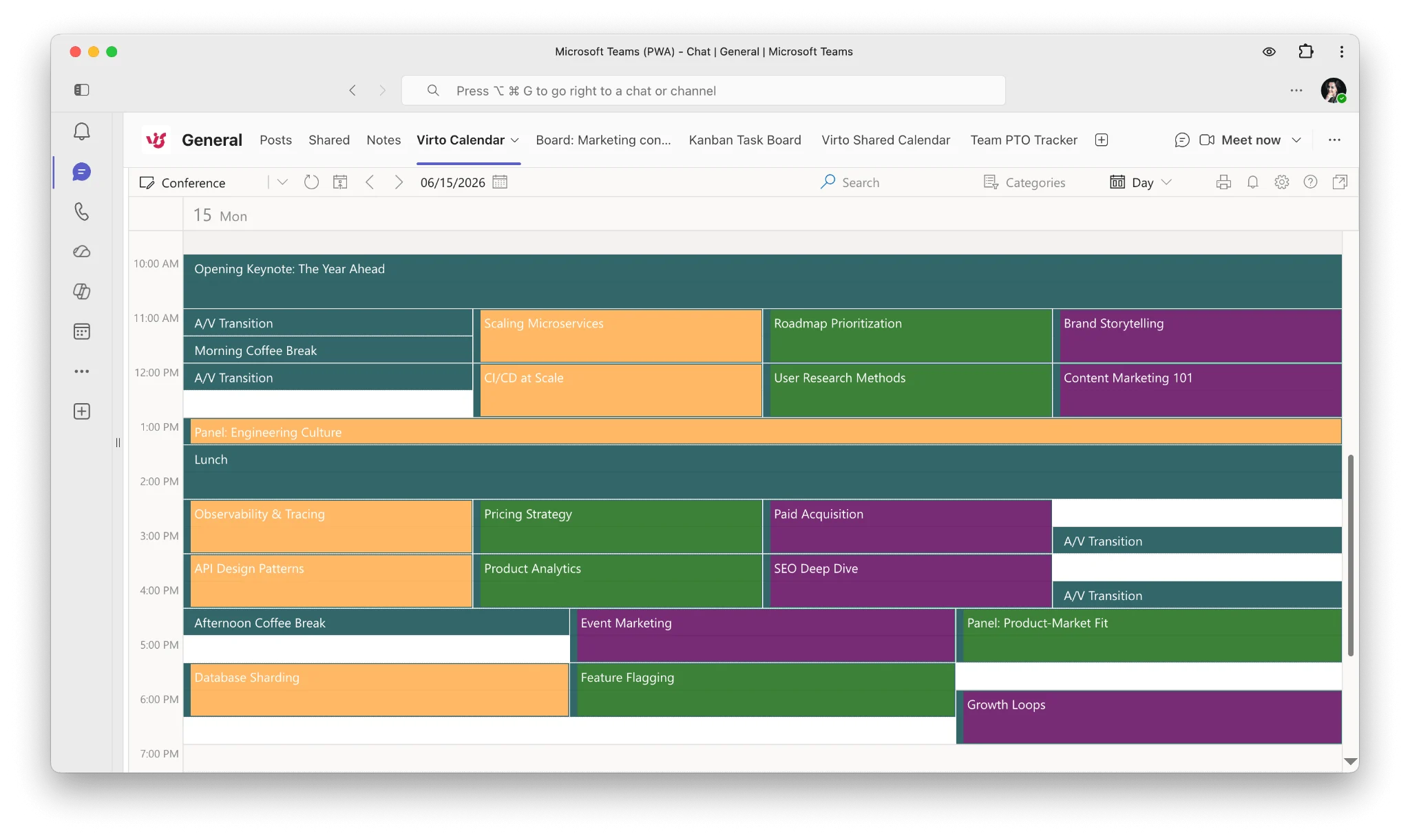 Virto Calendar App embedded as a Teams tab in event coordination channel