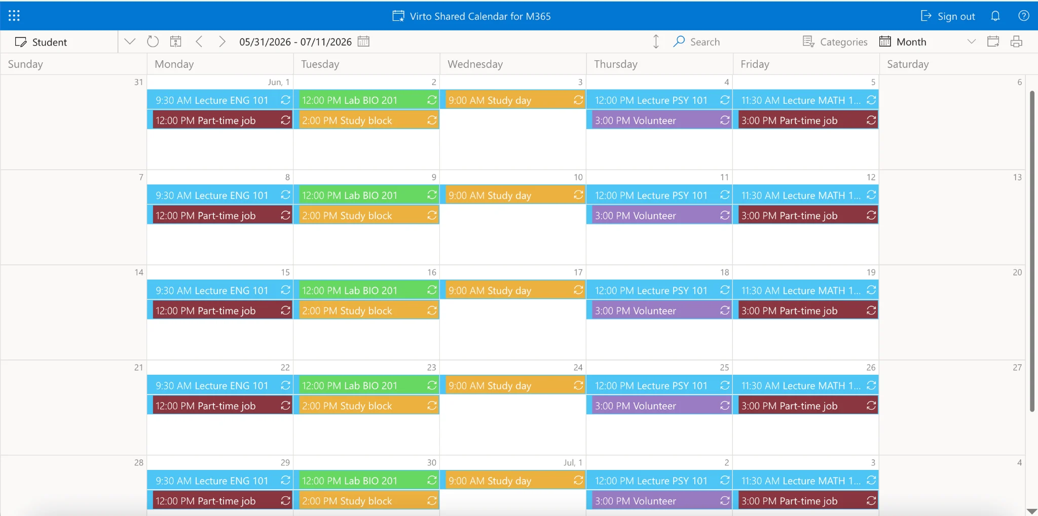 Virto Shared Calendar timetable with deadlines