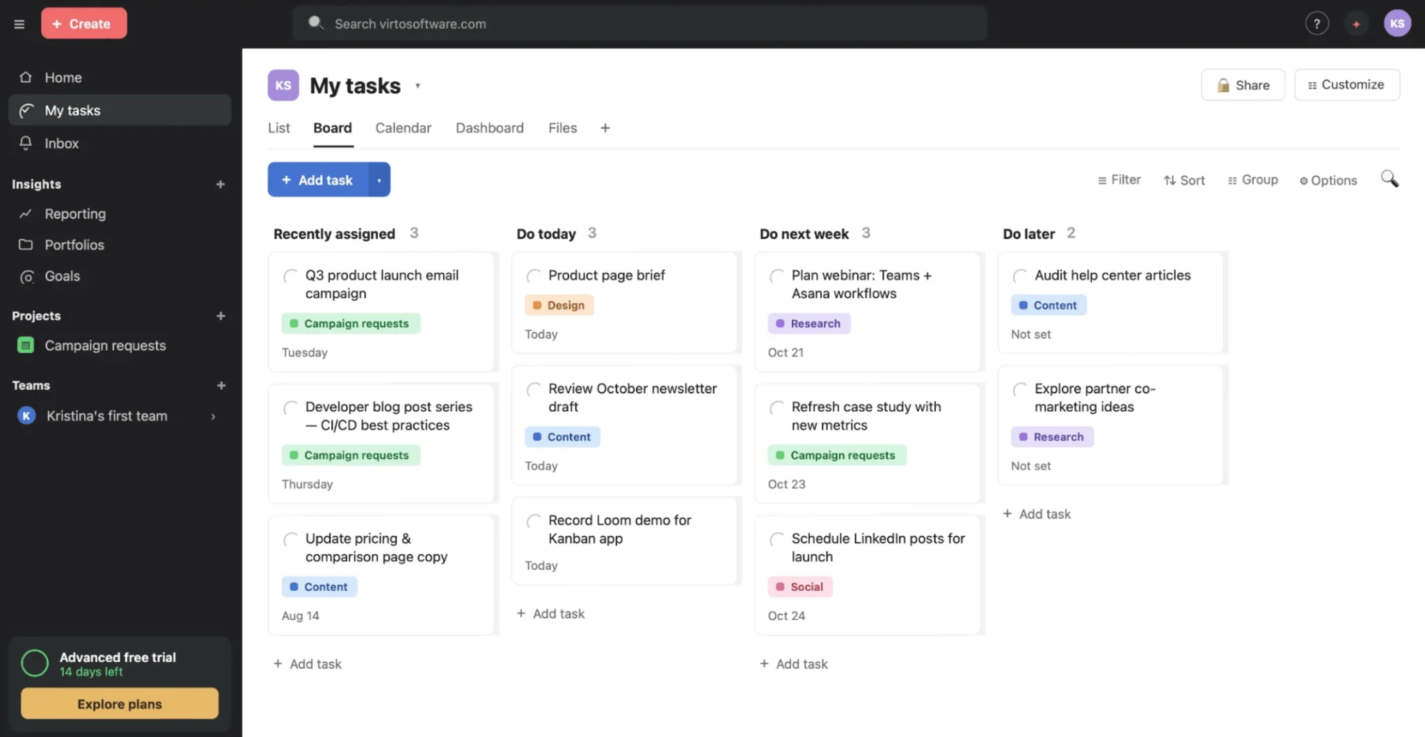 Asana project management view