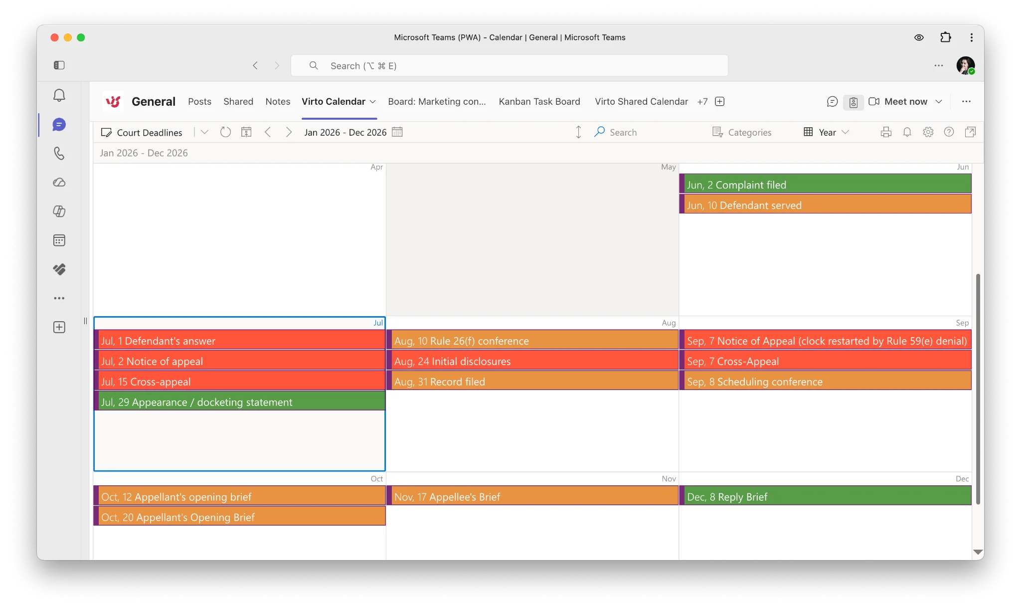 Unified law firm color-coded calendar view
