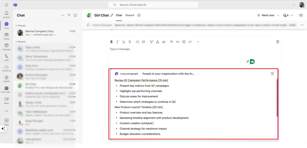 Loop component used within a Teams chat