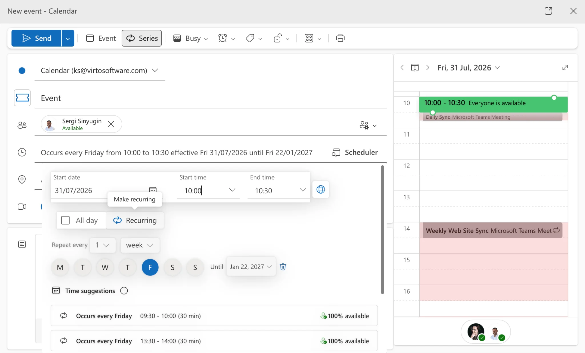 Outlook calendar recurring events view
