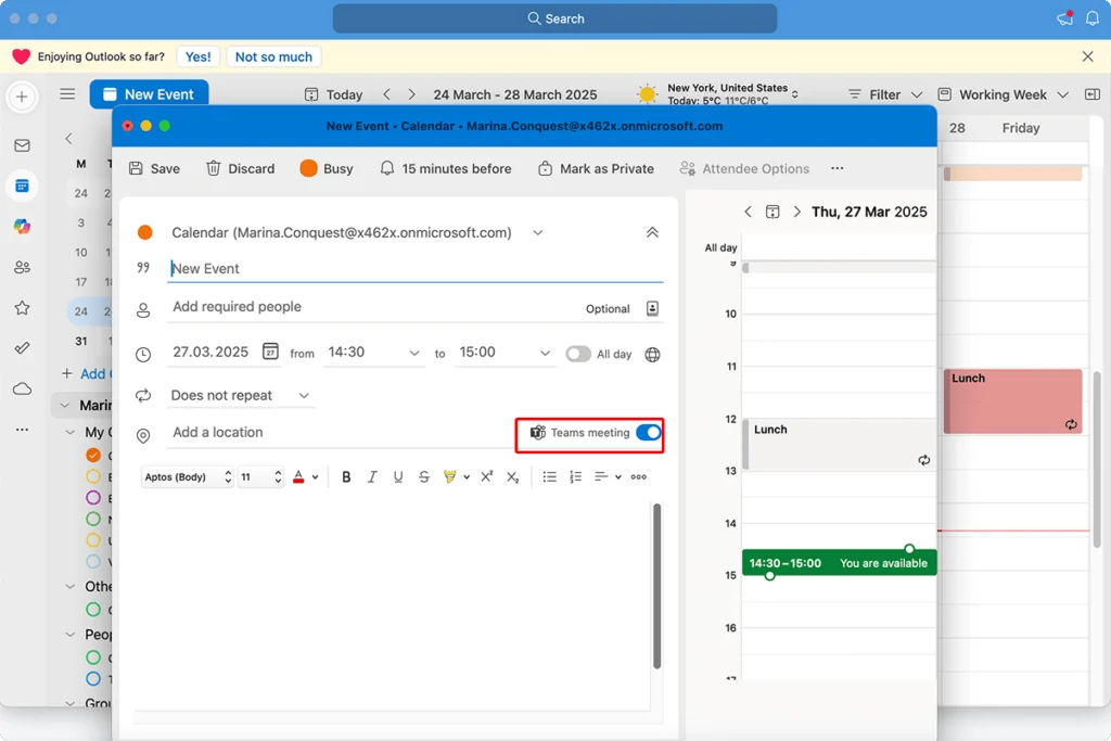 Toggling on Teams meeting option in Outlook for Mac