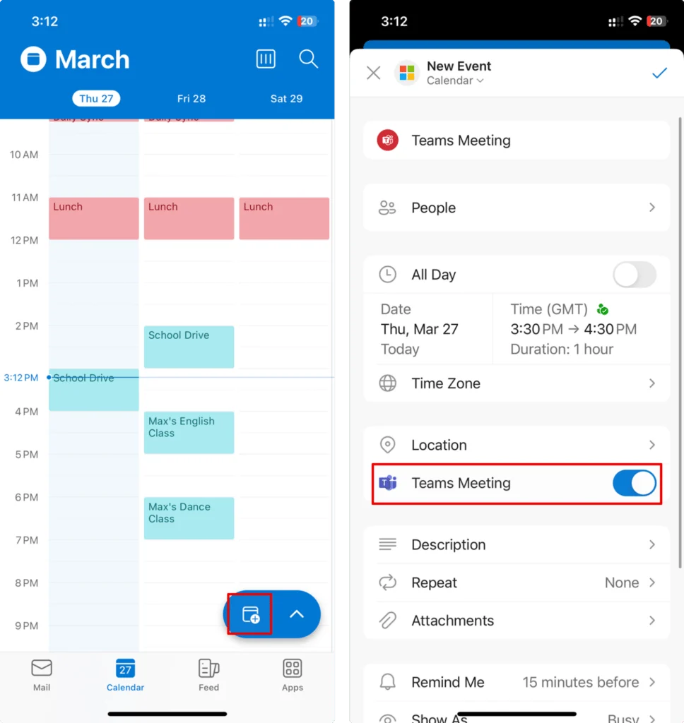Scheduling a Teams meeting in Outlook mobile app