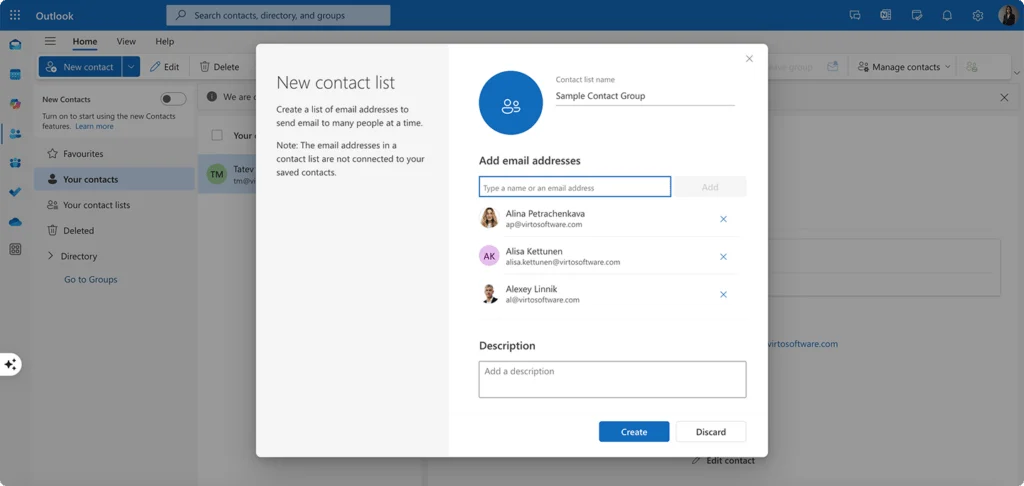 Creating a &ldquo;New contact list&rdquo; in Outlook on the web