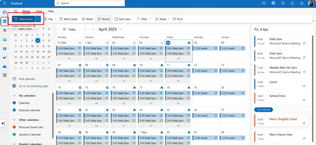 Navigating to New Event in Outlook web
