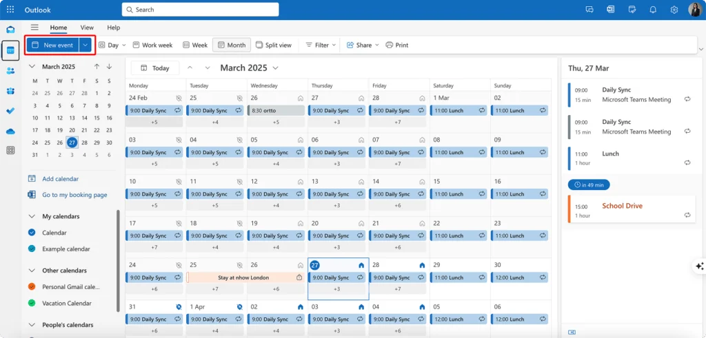 Navigating to “New event” in Outlook for the web