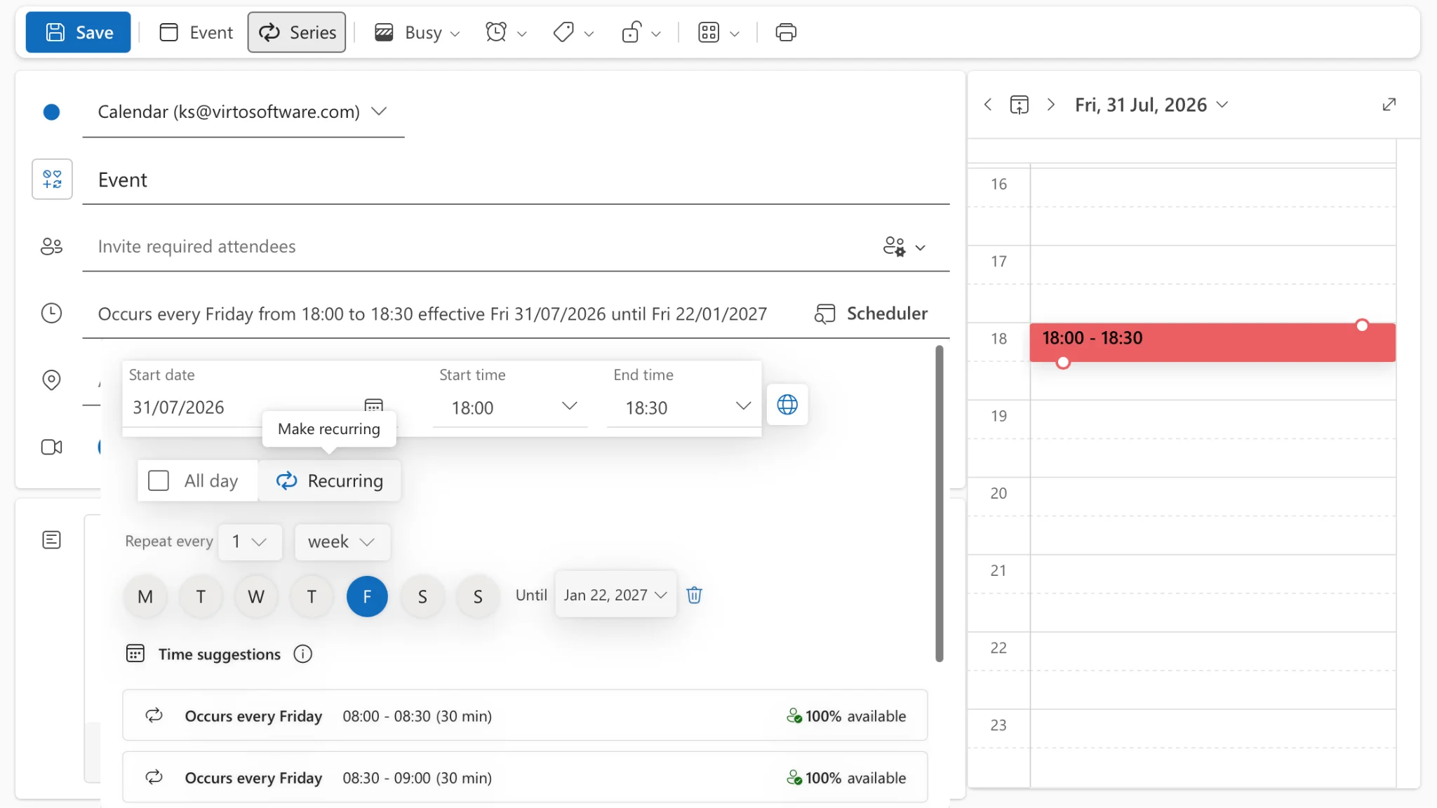 Settings for a recurring sequence in Outlook web