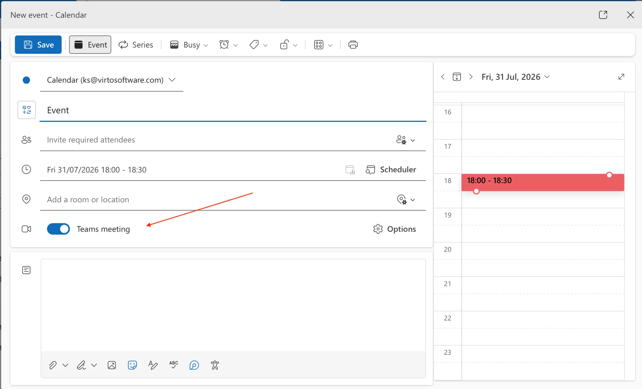 Toggling on Teams meeting option in Outlook web