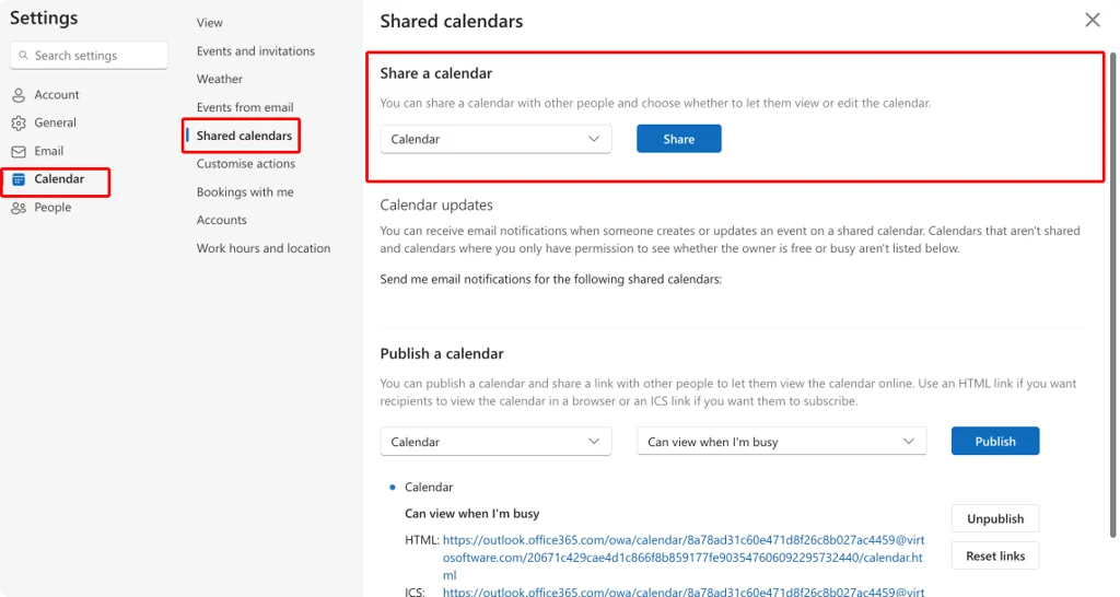 Navigating to the Shared calendars option in OWA