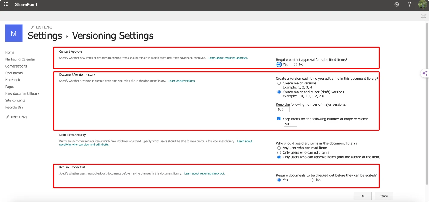 SharePoint content approval versioning and checkout settings