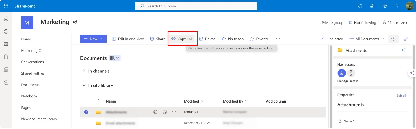 Navigating to the Copy link button in SharePoint