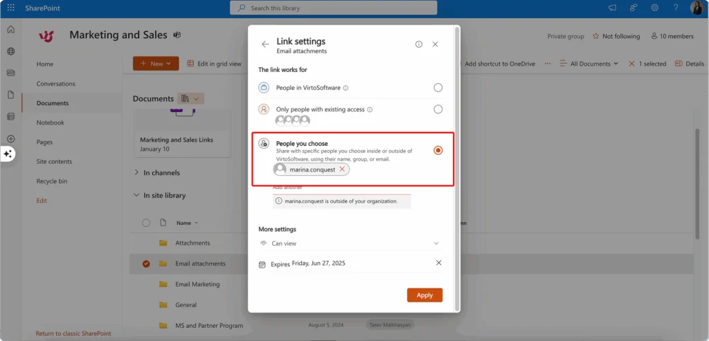 Sharing a document or folder with external users