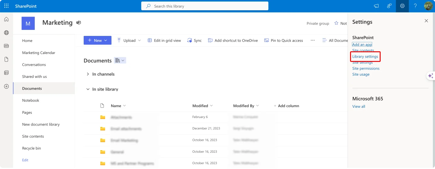 Navigating to Library settings in SharePoint