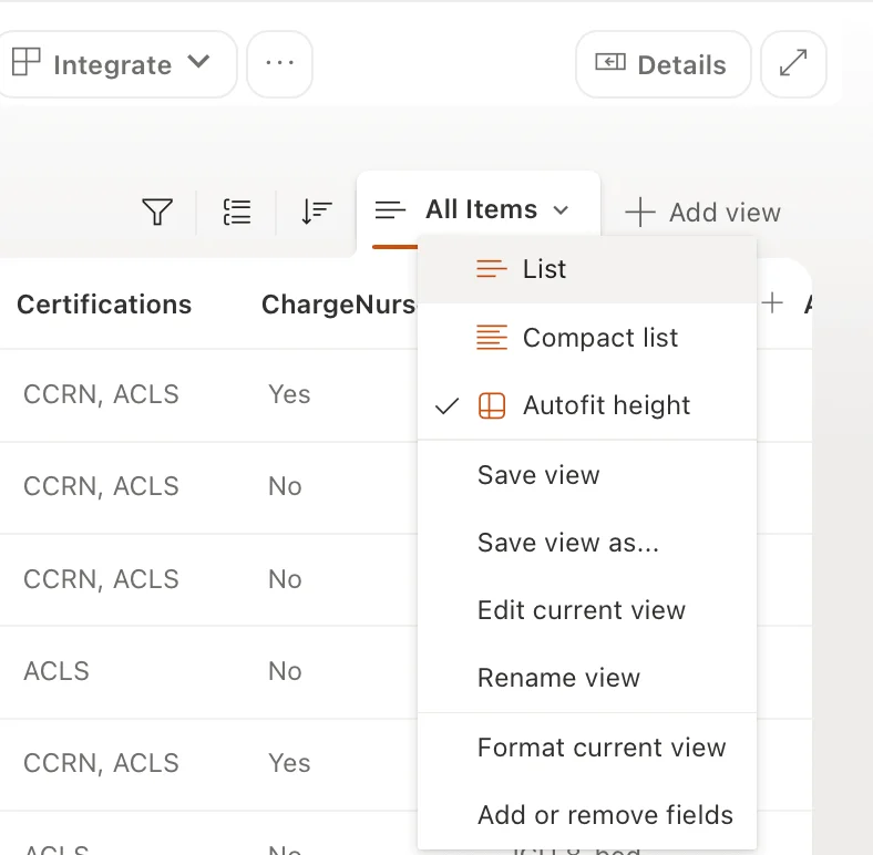 SharePoint list view menu display options