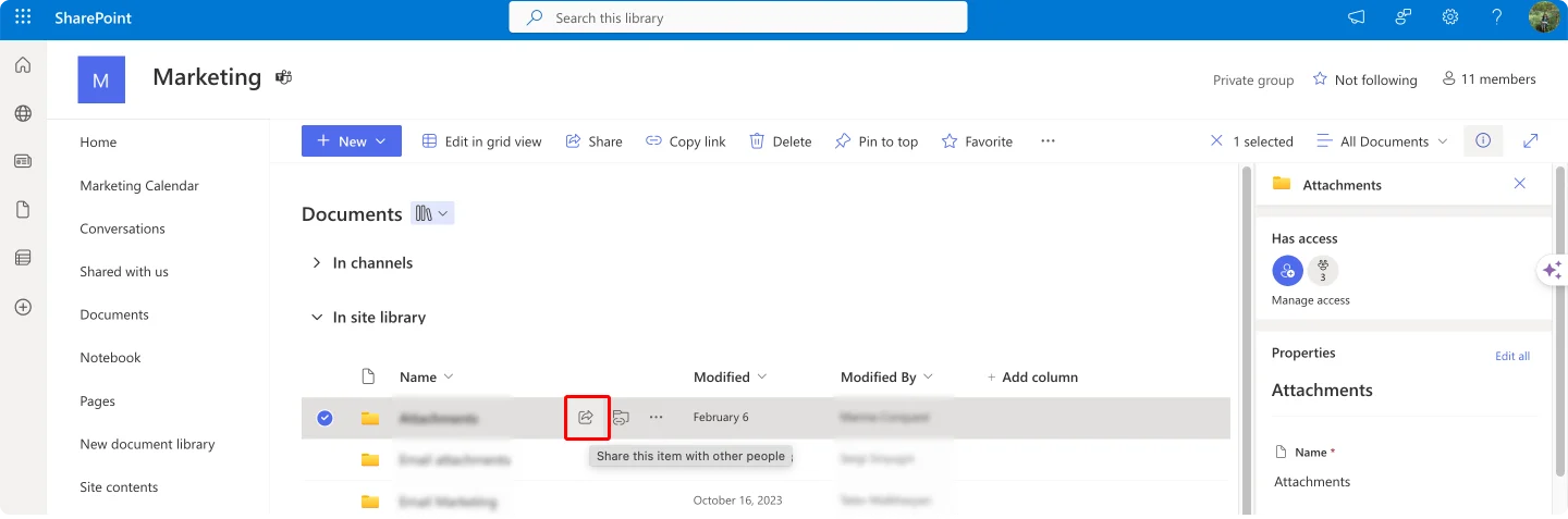 Navigating to the Share button in SharePoint