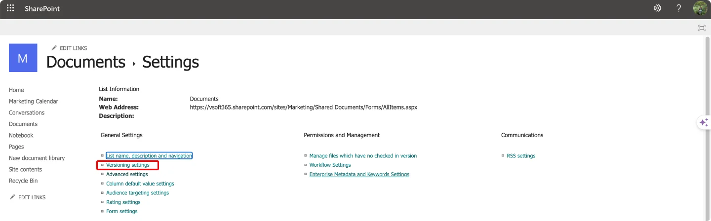 Navigating to Versioning settings in SharePoint