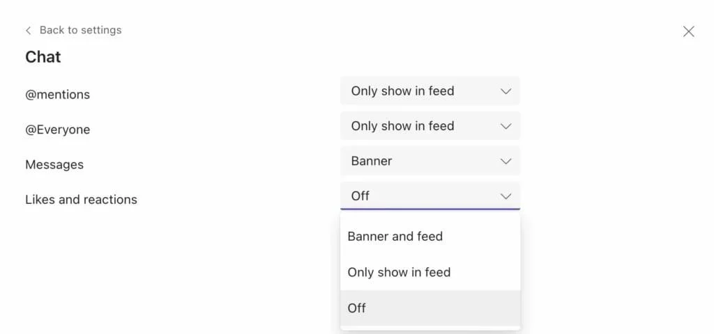 Chat notification settings in Teams