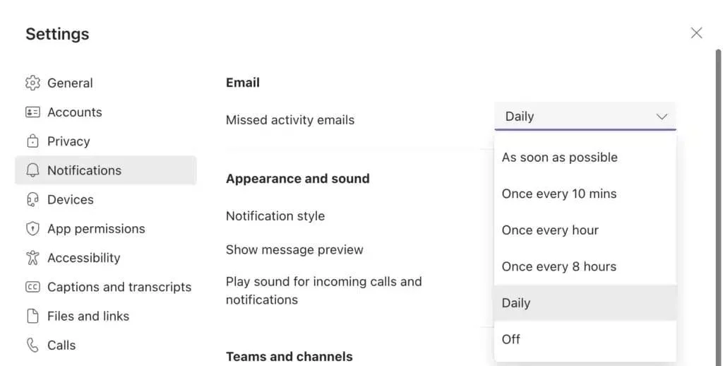 Email notification settings in Microsoft Teams
