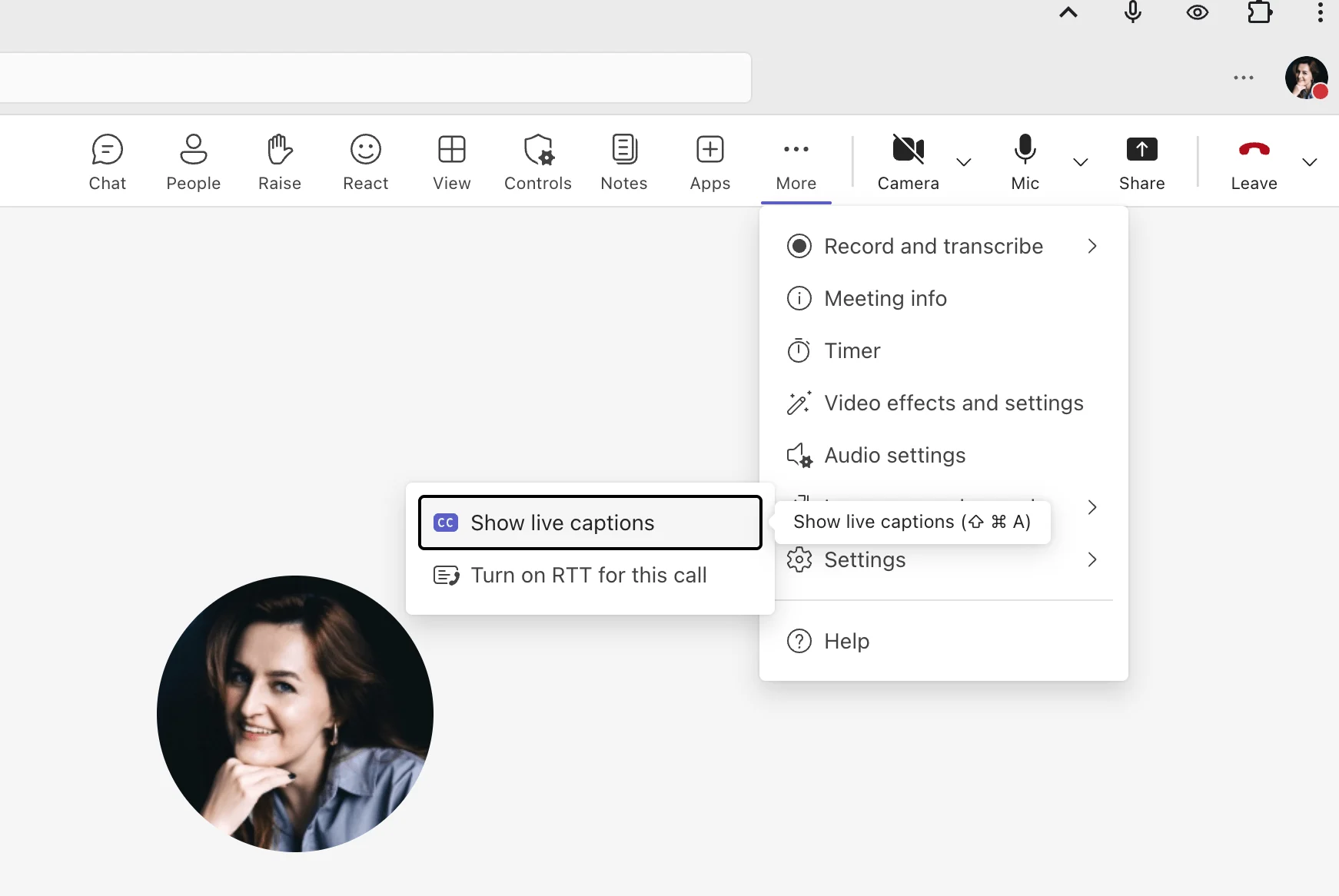 Teams live captions settings