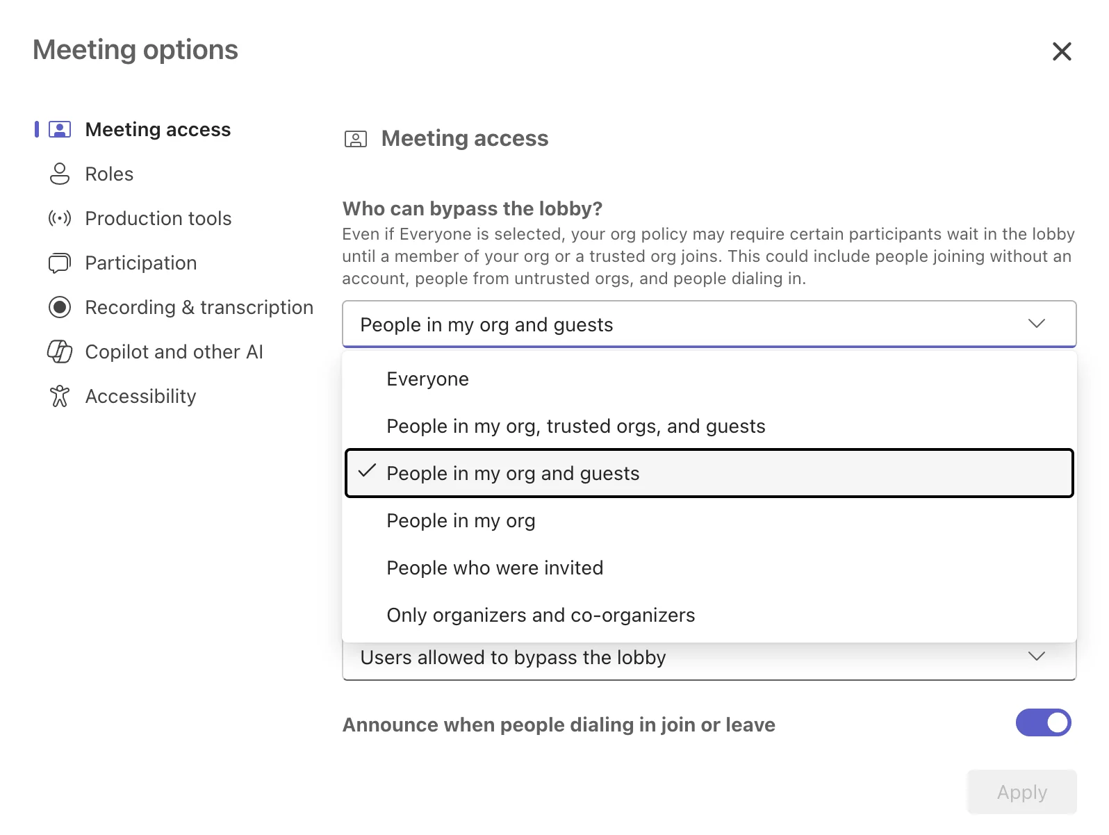 Teams lobby bypass settings