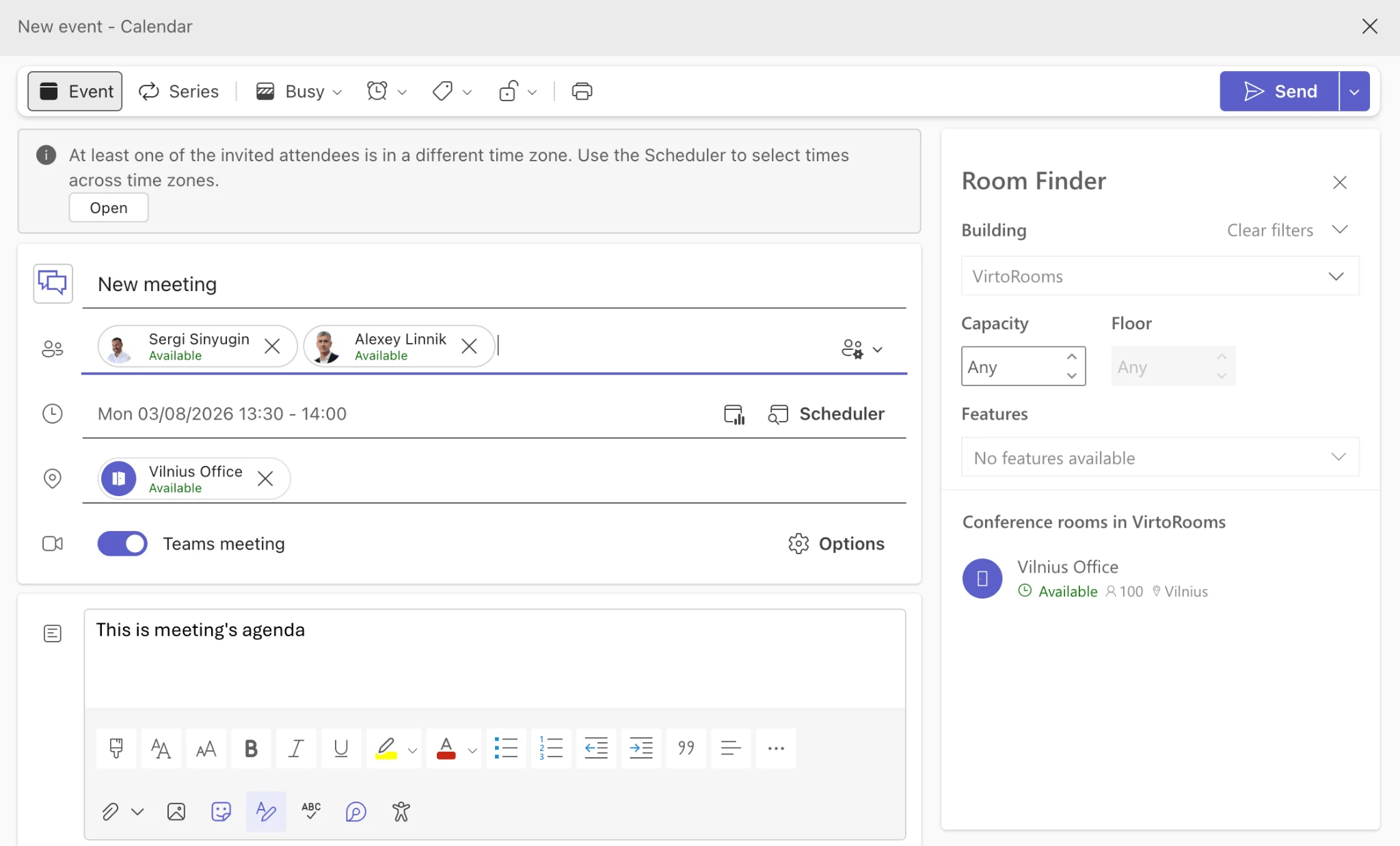 Sample meeting details form in Teams