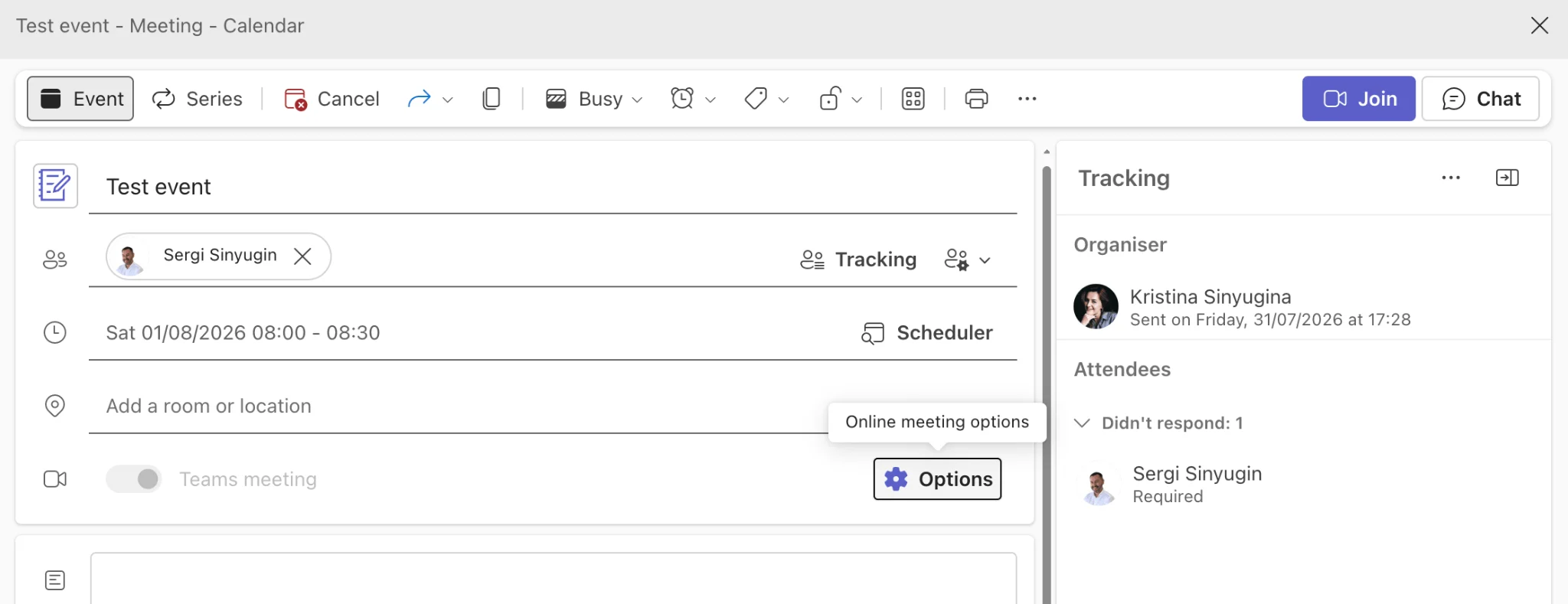 Navigating to online meeting options in Teams