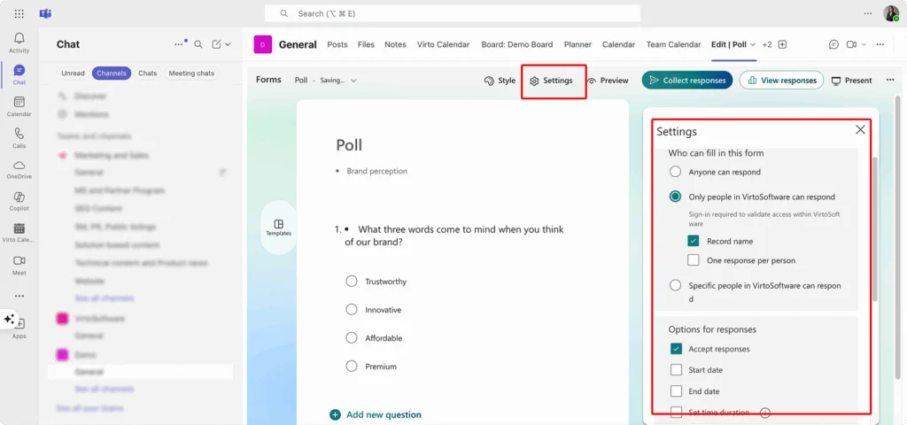 Adjusting poll settings in Microsoft Teams