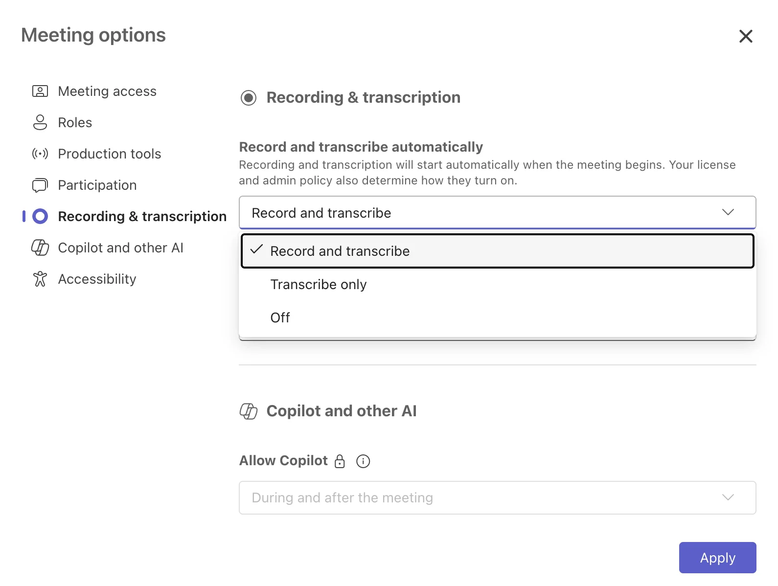 Enabling recording and transcription settings