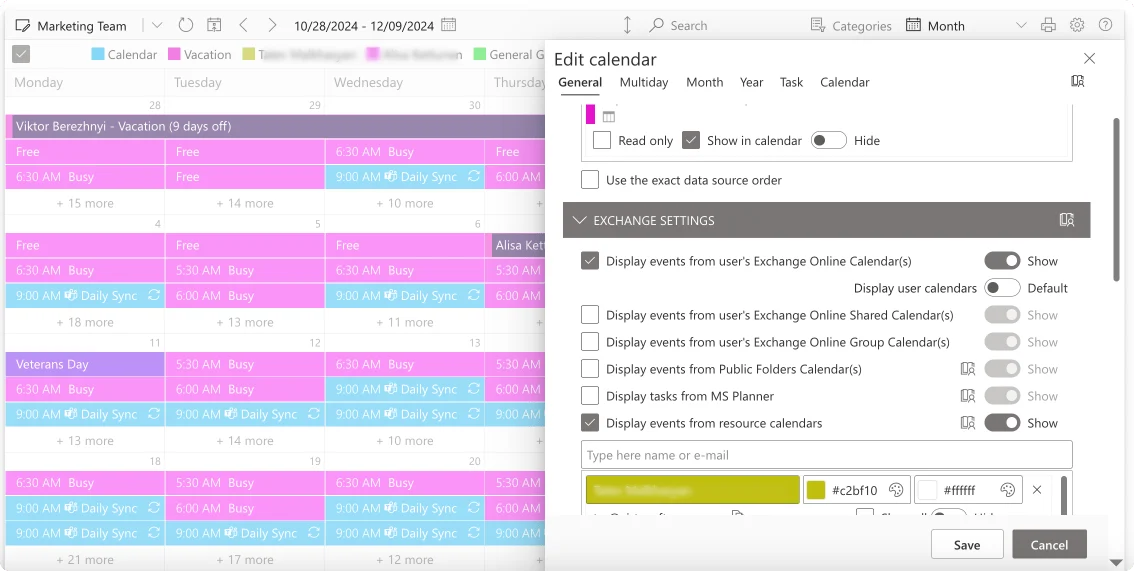 Sample Virto Calendar Exchange settings