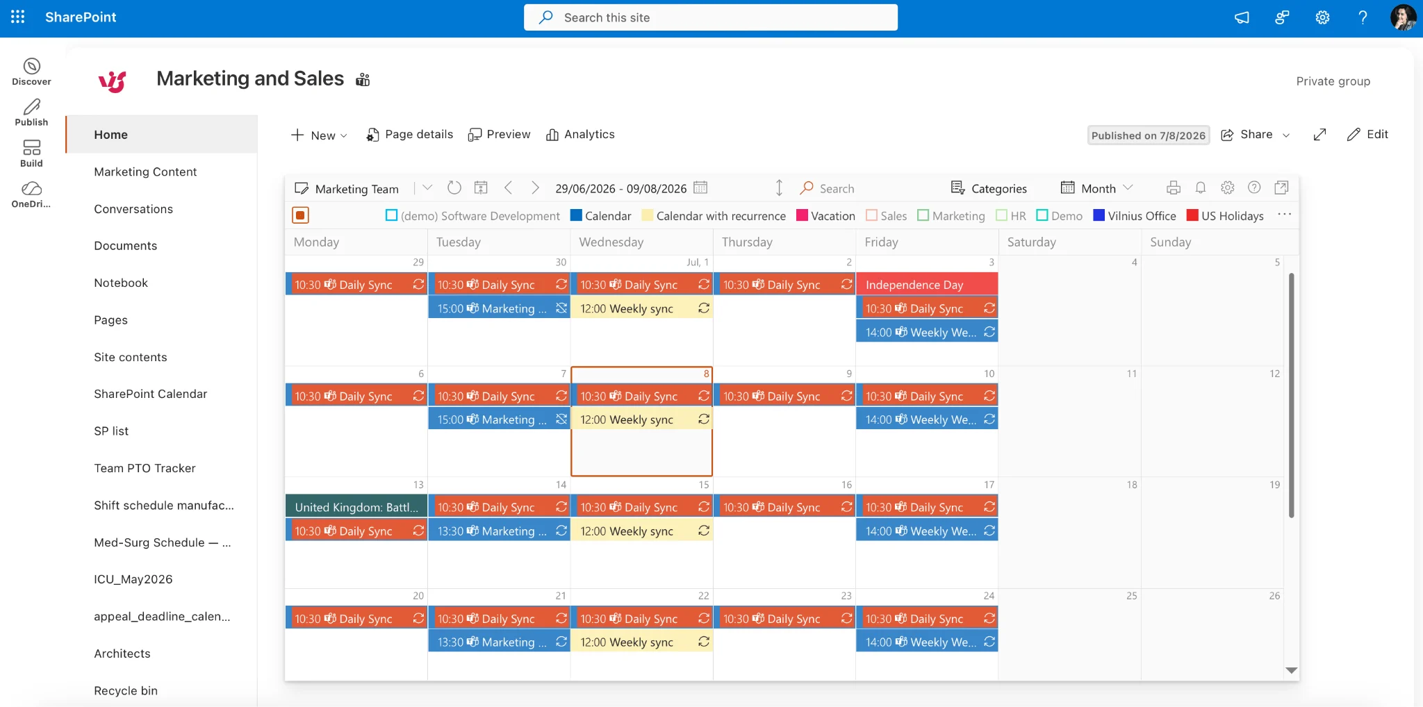Virto Calendar App overlaying multiple hub site calendars