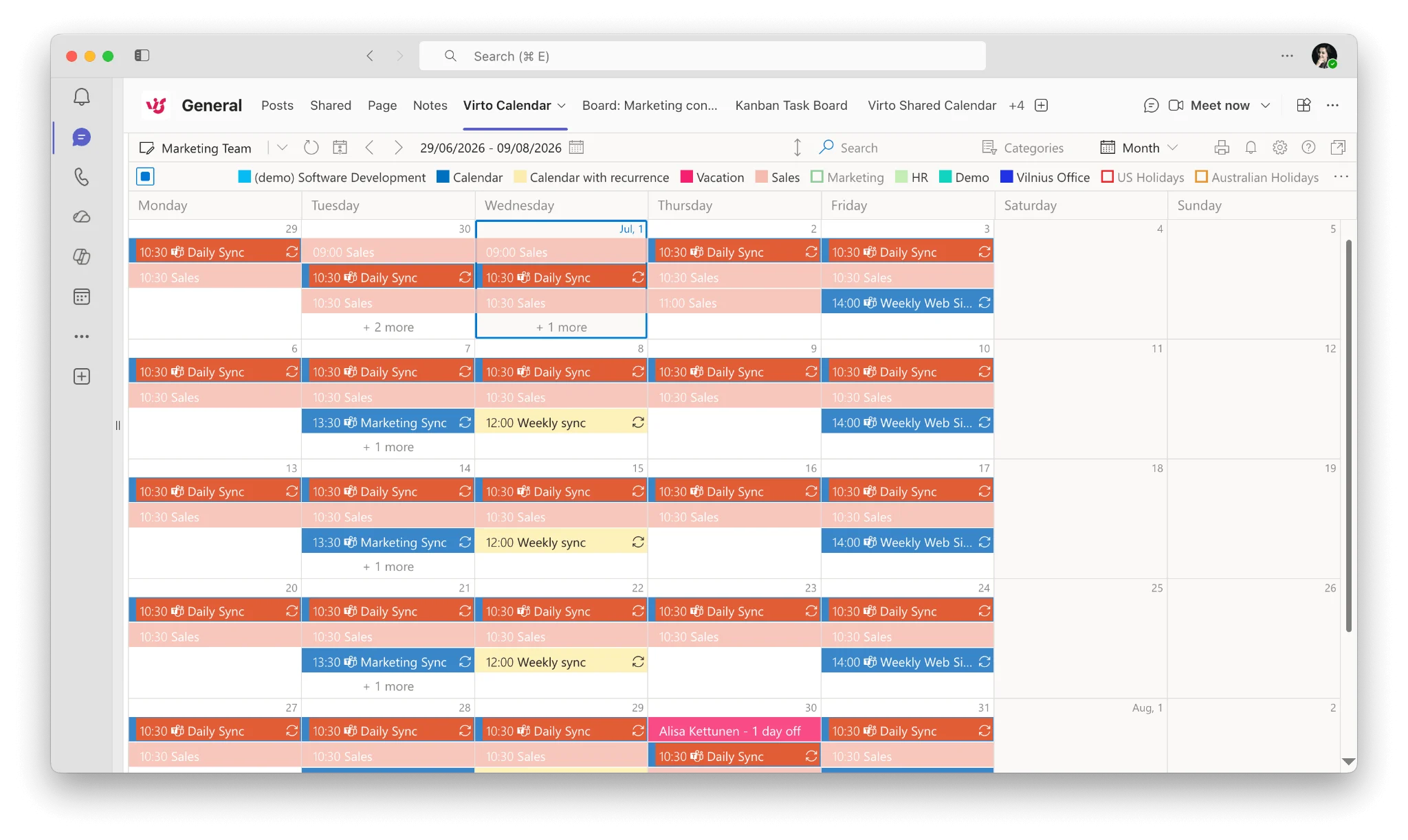 Example Virto Calendar overlay combining multiple sources in one view