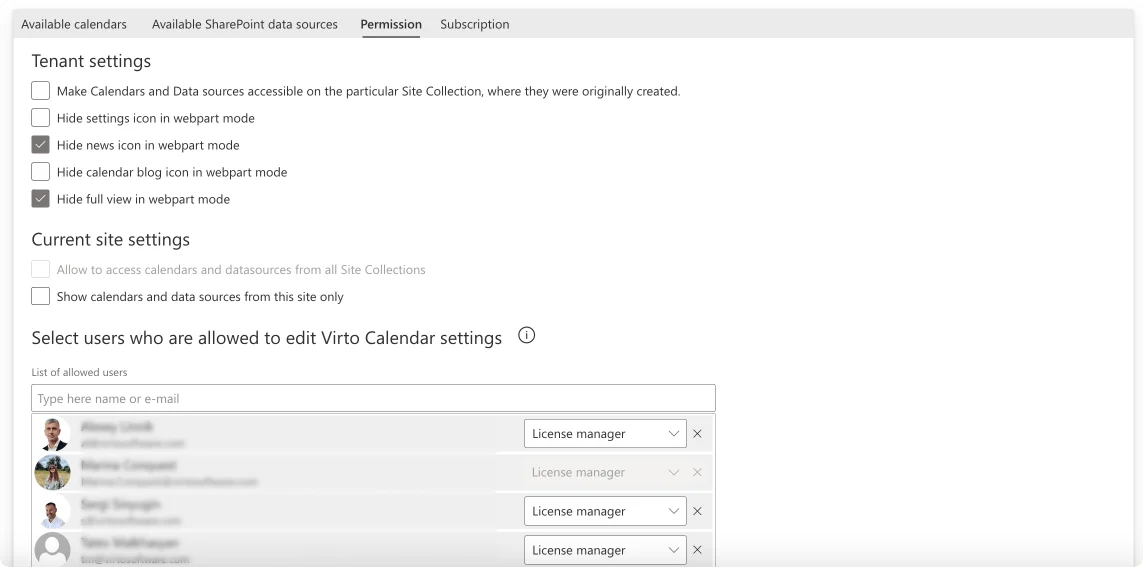 Sample Virto Calendar permissions overview