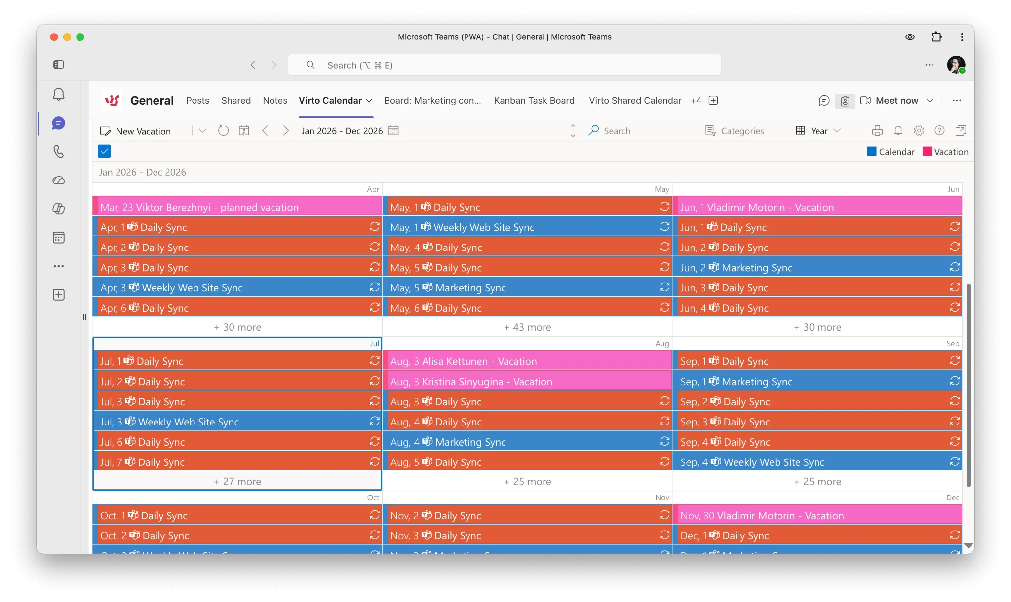 Virto Calendar team absence overview in Microsoft Teams