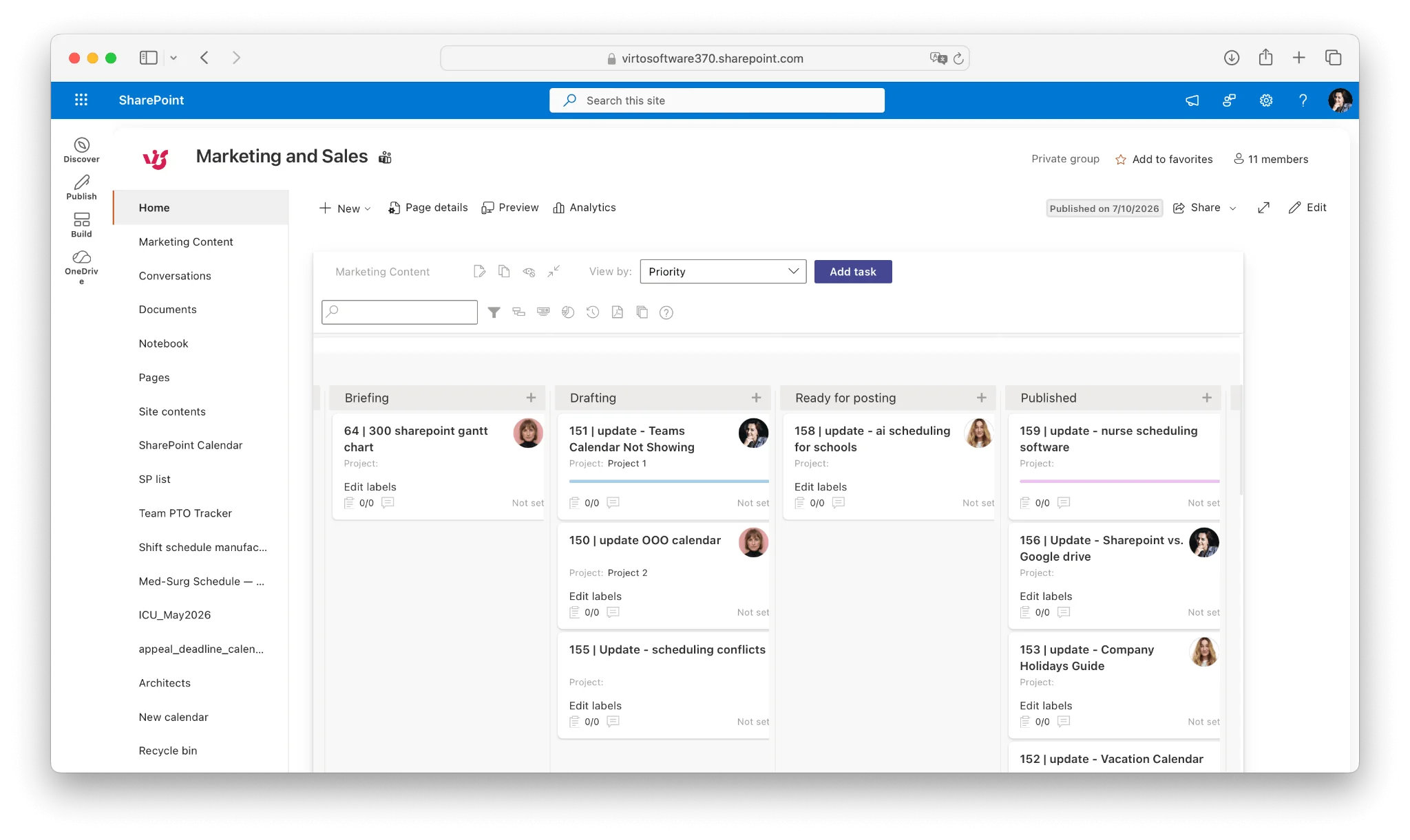 Virto Kanban Board running inside SharePoint Online