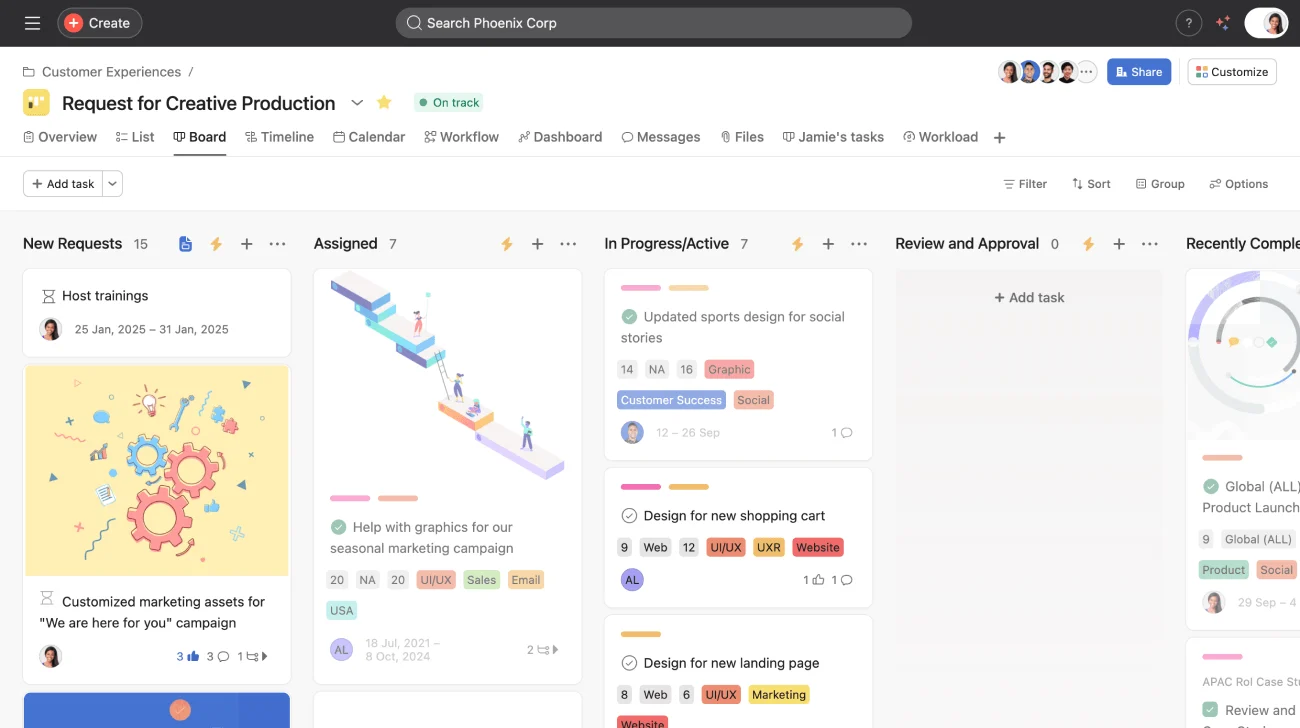 Asana project board with sections and custom fields