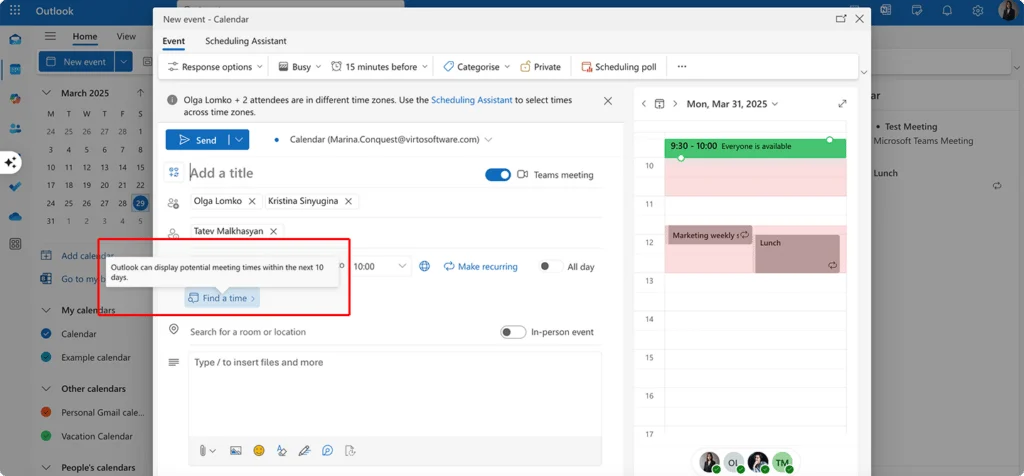 Find a time AutoPick button in Outlook web
