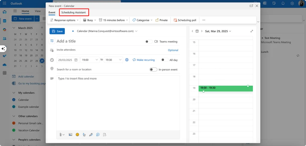 Opening the Scheduling Assistant tab in Outlook on the web