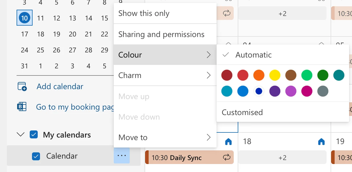 Setting up a color for your calendar in OWA