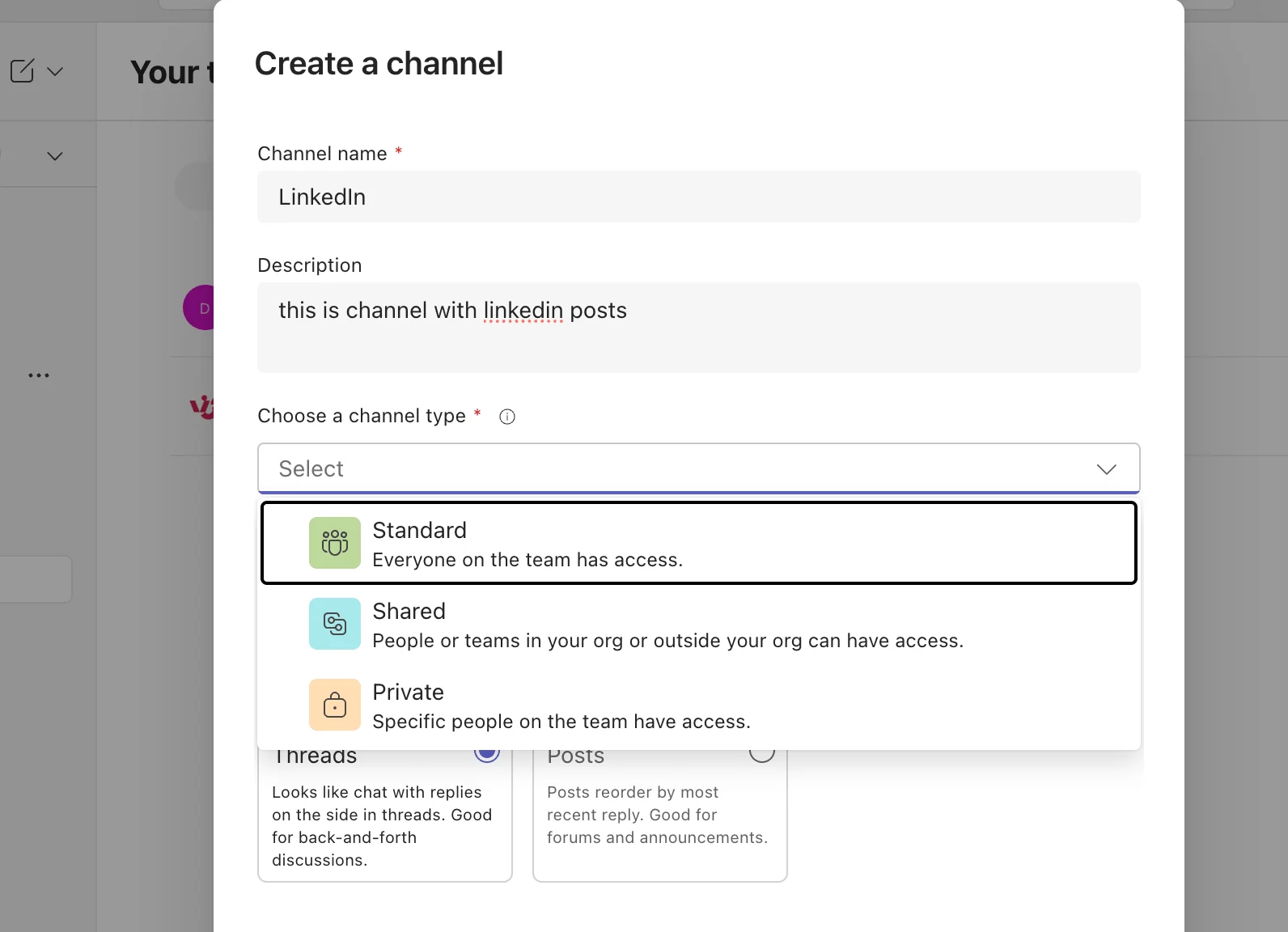 Choosing the channel type dialog