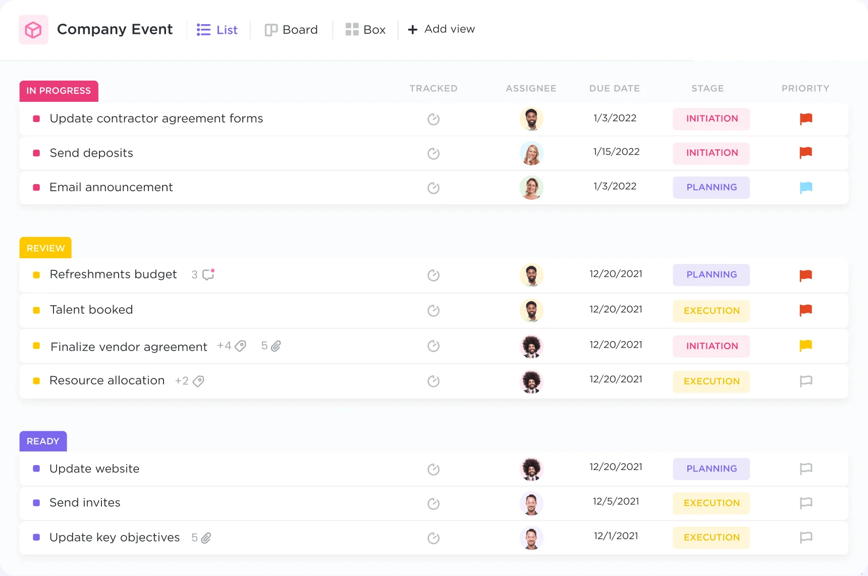 ClickUp list view with custom fields and priorities