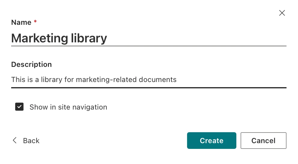 Creating a new document library with name description and navigation option